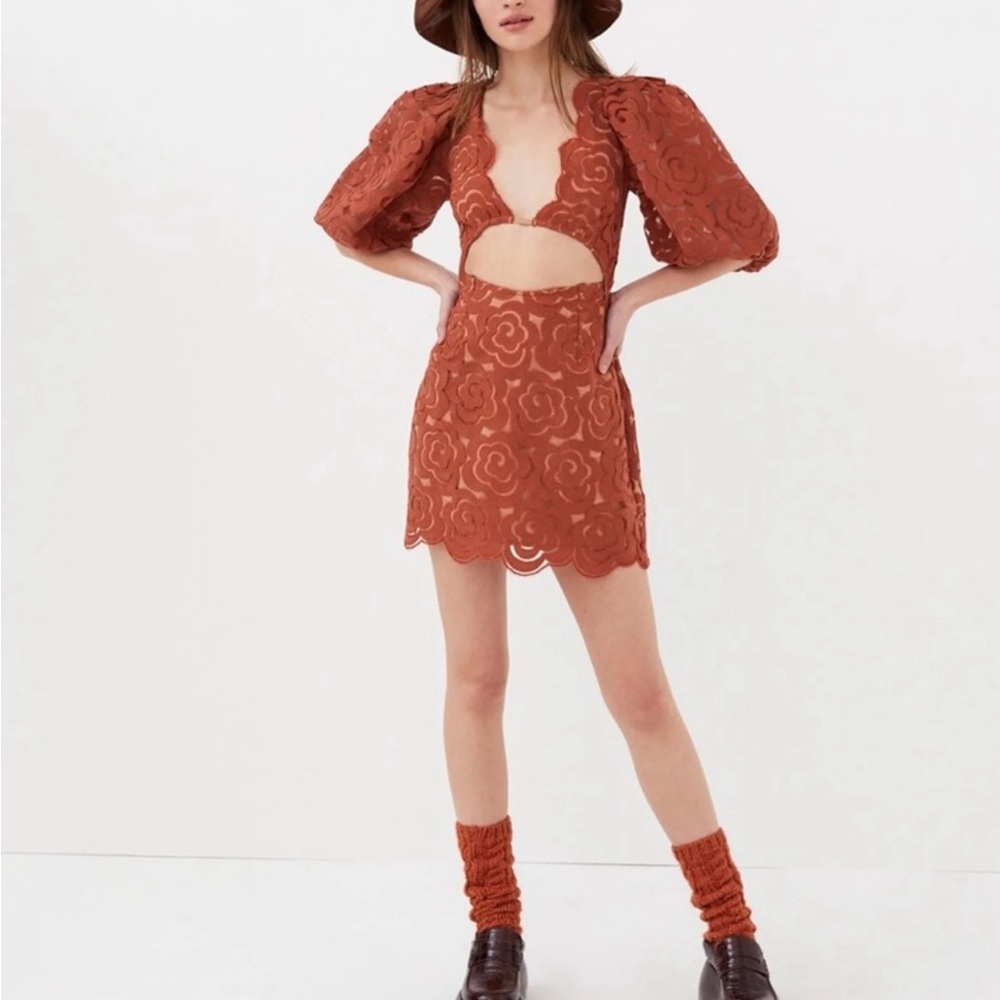For Love And Lemons Brown Plunge Puff Sleeve Sundress